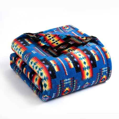 Sacred Thread Aztec Blanket Fleece, Reversible Native American Blanket, Western Throw, Native American Western (Blue Flannel), Queen (79”x95”) - color: Blue Flannel, size: Queen (79”x95”)