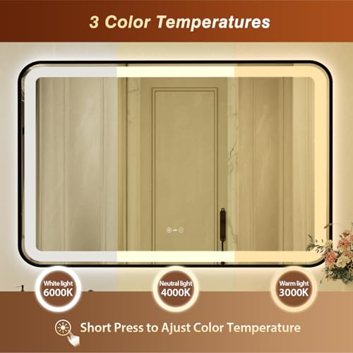32x55 Inch Black Framed LED Bathroom Mirror with Lights,Smart Bathroom Mirror,Motion Sensor,Tempered Glass,Anti-Fog,Stepless Dimmable & 3 Colors,Memory,Vanity Mirror for Wall - color: Black-with Sensor Lights, size: 32"L x 55"W