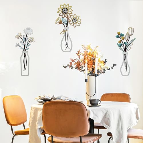 Mcdagogn 3 Pieces Metal Flowers Wall Arts - Rustic Farmhouse Wall Decor, Minimalist Beige Flower Wall Decor for Living room Bathroom Bedroom Laundry Room Kitchen Office - Housewarming Gifts - color: Beige-Gold