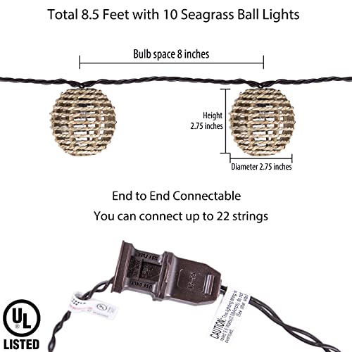 Decorative Outdoor Patio String Lights, Seagrass Rattan Wire Ball Style Lantern String Lights, Connectable Weatherproof Indoor Outdoor Globe Boho String Light for Home Pergola Garden Party Backyard - style: Seagrass Rattan Wire Ball