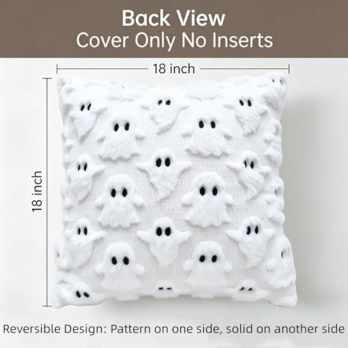 White Ghost Halloween Throw Pillow Covers 18x18 in Set of 2, Tufted Embroidered Plush Cushion Covers for Couch Sofa Holiday Decor - color: White Ghost