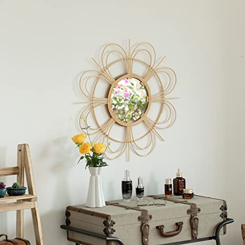 Vintiquewise Decorative Flower Shape Woven Rattan Wood Round Modern Hanging Wall Mirror - size: 2"L x 24"W