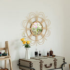 Vintiquewise Decorative Flower Shape Woven Rattan Wood Round Modern Hanging Wall Mirror - size: 2"L x 24"W