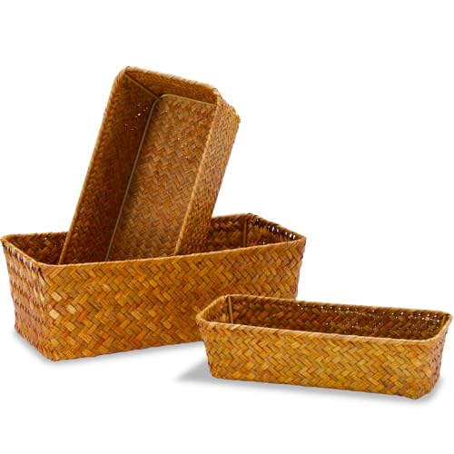 Seagrass Storage Basket, Stackable Open Woven Baskets Bins Container for Organizing Shelves Bedroom Living Room, Set of 3, Natural - size: 3pcs Medium