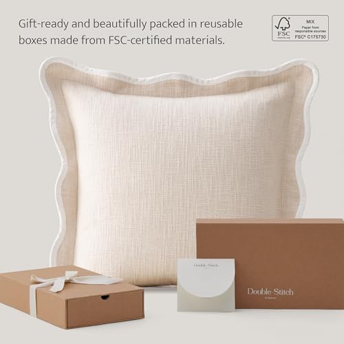 Double Stitch Scalloped Throw Pillow Covers - 100% Cotton Decorative Boho Pillow Covers 20 x 20, Made in India, Square Cushion Case, Modern Home Decor for Couch Sofa Living Room, Oat Milk - color: Oat Milk, size: 20" x 20" (Pack of 1)