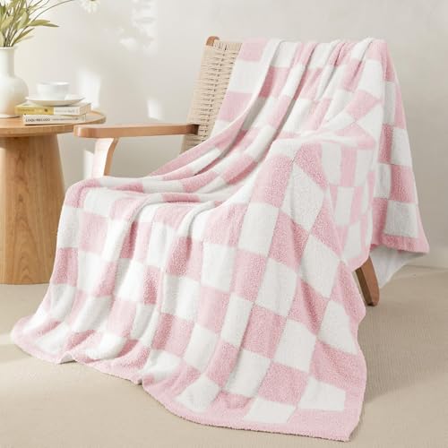 Whale Flotilla Checkered Knit Throw Blanket, Ultra Soft Warm Reversible Cozy Decorative Blankets for Couch Sofa and Bed, 50x60 Inch, Pink - color: Pink Checker, size: 50x60 Inch