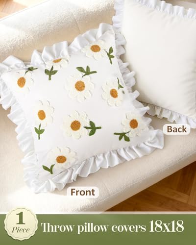 Embroidered Throw Pillow Cover - 18x18 Decorative Pillow Cover with Zipper Aesthetic Cute Design Boho Spring Summer Throw Pillowcase for Living Room Couch Sofa Bed, Ruffle Daisy - color: Ruffle-daisy, size: 18" x 18" (Pack of 1)