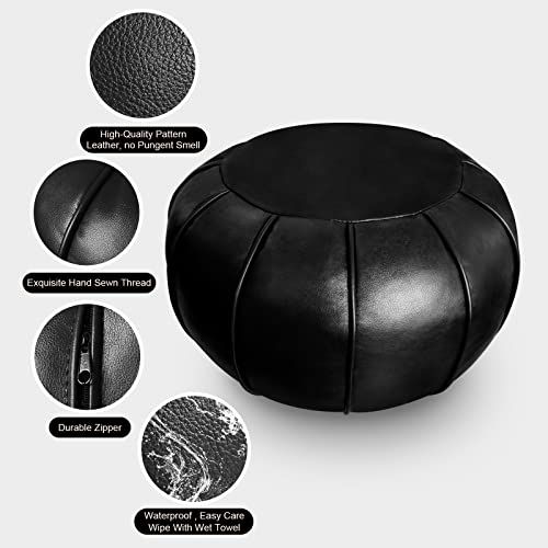 Louis Donné Round Unstuffed Faux Leather Pouf Ottoman Cover, Portable Indoor Outdoor Foot Rest Cover with Invisible Zipper, Sturdy Footstool Cushion Case for Home Patio Balcony Daily Use, Cover Only - color: St126black
