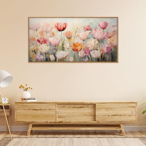 HPNIUB Large Nature Wildflowers Framed Wall Art Pink Floral Canvas Oil Painting Modern Aesthetic Wall Decor Abstract Flower Artwork for Living Room Bedroom Decor -20"x40" - color: Pink Wildflowers Wall Art, size: 40"L x 20"W