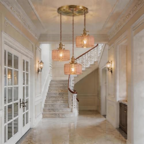 Amber Striped Glass Pendant Light, 3 Natural Light Bulbs Included, Adjustable Cord with Switch, Suitable for Kitchen Island/Dining Room - color: Amber 3pcs Ribbed Glass Pendant Light