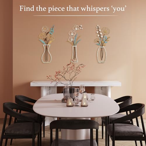 CarryWise 3 Piece Metal Flower Wall Art for Bedroom Living Room, Flower Blue gold - color: Blue Gold & Vase Flower