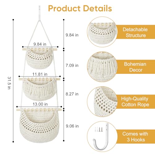 Boho Style Handwoven Rope Hanging Basket - 3-Tier Detachable Storage Organizer for Kitchen/Bathroom/Entryway, 3 Included Heavy-Duty Hooks, 7 Color Options Available (Khaki&White) - color: Khaki&White