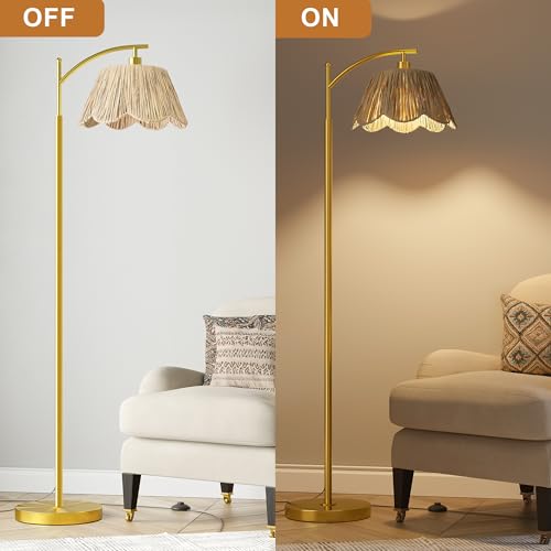 Oneach Arc Floor Lamp for Living Room,Rattan Boho Floor Lamp with Hand-Woven Shade, Foot Switch,Gold Metal Base & Pole,Farmhouse Standing Lamp for Bedroom Corner,Reading - color: Brushed Gold
