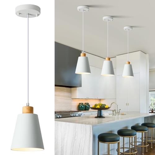 Mini Pendant Light Fixtures White Wood Pendant Lighting for Kitchen Island 7.87in Cone Modern Ceiling Hanging Lights Hollow Shade Nordic Island Light for Counter, Bar, Hallway - color: White