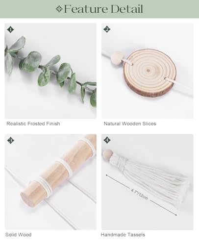 Artificial Eucalyptus Wall Hanging, Fake Greenery Leaves Stems with Wood Slices Wall Hanging Plants on Wooden Stick, Boho Wall Art Decorative for Bathroom, Living Room, Bedroom, Dining Room