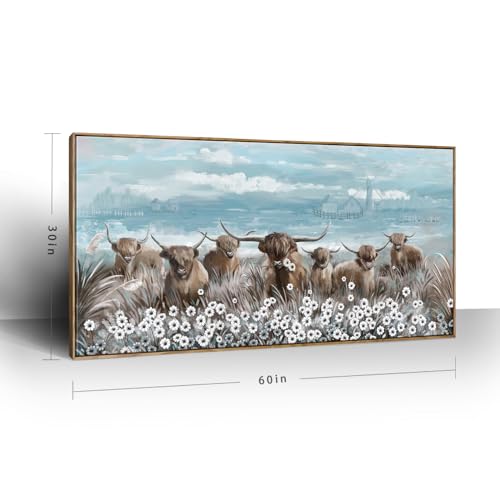 Extra Large Framed Wall Art for Living Room Big Boho Farmhouse Highland Cow Canvas Artwork Flower and Animal Picture Rustic Coastal Blue and Brown Decor for Office Bedroom Kitchen - color: Highland Cow Wall Art, size: 58"L x 29"W