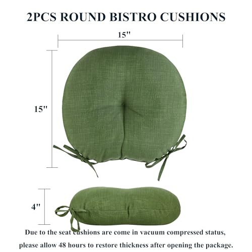 FUNHOME 15"x15"x4" Bistro Chair Cushion Set of 2, Water Repellent Round Outdoor Chair Cushions with Ties, Patio Tufted Chair Pads for Home Garden (Moss Green) - color: Moss Green