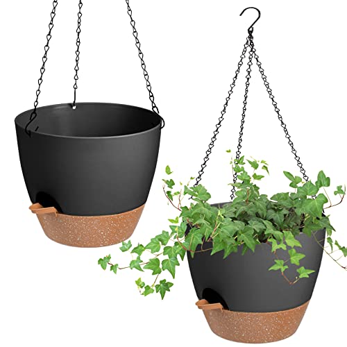 Vanslogreen Hanging Planters for Indoor Outdoor Plants, 2 Pack Self Watering Hanging Pot with Drainage Holes & Removable Tray (Black, 8'') - color: Black, size: 8''