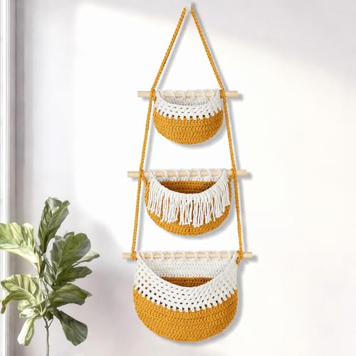 Macrame 3-Tier Hanging Wall Basket, Handwoven Jute Storage Organizer, Boho Decor for Kitchen, Bathroom, Living Room, Natural Cotton Rope Fruit Holder (Wheat&White) - color: Wheat&White