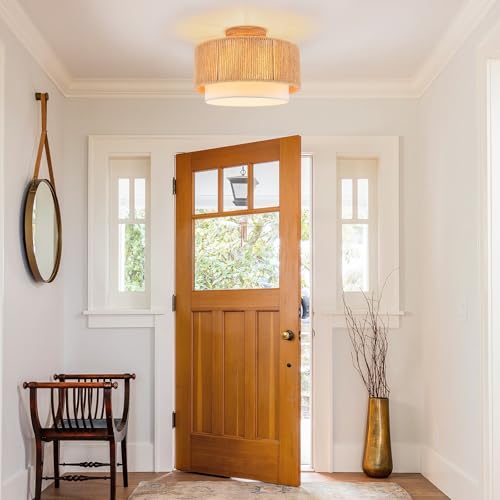 SineRise 12'' Rattan Flush Mount Ceiling Light Fixture,2-Tier Drum Hand-Woven Boho Flush Mount Ceiling Light,Farmhouse Light Fixture for Living Room,Kitchen,Bedroom Foyer Entryway ect. - color: Gold, size: Small Ceiling
