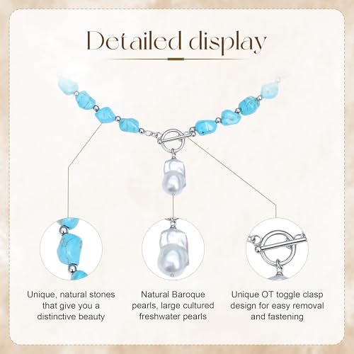 Beaded Necklaces for Women with Baroque Pearl, Turquoise Amethyst Lapis lazuli Tiger Eye Handmade Boho Bead Choker Necklace, Natural Stone Summer Jewelry Birthday Mother Gift for Women - color: Turquoise