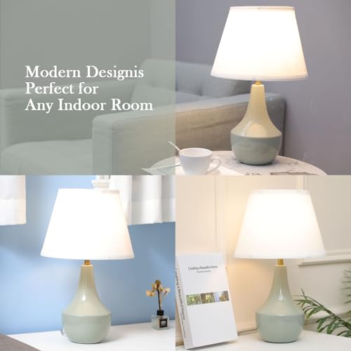 Green Table Lamps Set of 2 19" Ceramic Bedside Desk Lamps for Nightstands with Rocker Swtich Modern Sage Green Lamps for Bedroom Living Room (Bulbs not Include)