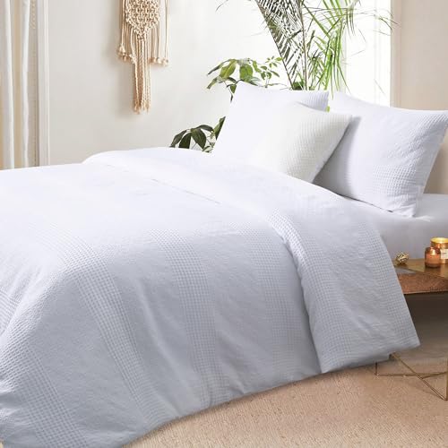 YINFUNG Waffle Duvet Cover 100% Cotton Queen White Textured Waffle Weave Knit Striped Tufted Geometric Bedding Set Crisp White Farmhouse Hotel 90x90 - color: White, size: Queen