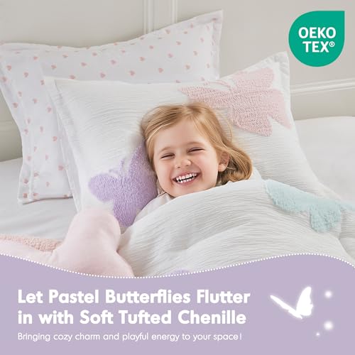 Intelligent Design Kids Rio Full/Queen Comforter Set – Girls’ Reversible Tufted Chenille Bedding with Pastel Purple Butterflies and Pink Dot, 4pcs - color: Multicolor, size: F/Q Comforter