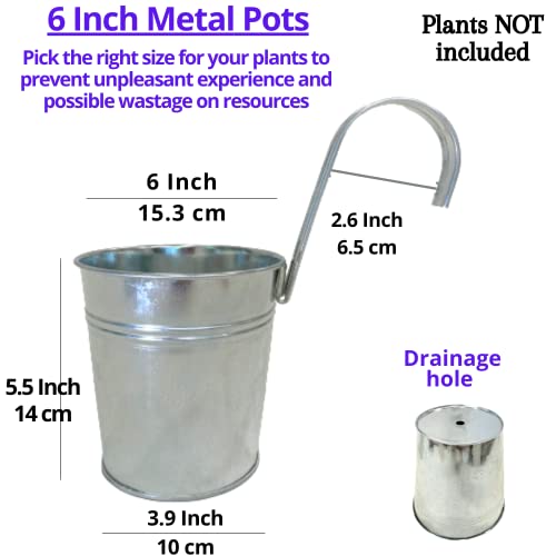 LaLaGreen Fence Planters for Outdoor Plants (10 Pack, 6 Inch) Railing Planter Metal Herb Garden Pots Outdoor, Hanging Silver Flower Buckets for Outside Wall Deck Patio Balcony Rail Farmhouse Rustic - size: 6 Inch (Silver)
