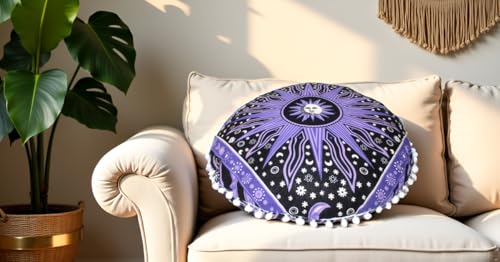 Round Mandala Floor Pillow Cover Seating Cushion Throw Cover Hippie Decorative Bohemian Ottoman Pouf Cover, Pom Pom Pillow Cases,Boho Indian 32 Inches Purple Burning Sun - color: Purple, size: 32" Round