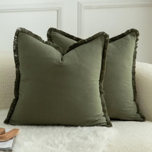 MANDIOO Set of 2 Neutral Cotton Fringe Throw Pillow Covers Decorative Boho Farmhouse Cushion Covers Cozy Tassels Pillowcase for Couch Sofa Bedroom Living Room Home Decor 18x18 Inch Olive Green - color: Olive Green, size: 18" x 18" (Pack of 2)