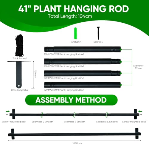 Hanging Planters for Indoor Plants with 4 Pots, Adjustable Window Plant Rod, Space-Saving Herb Garden Holder for Wall or Ceiling Mount (40in-4 Hanging basins)