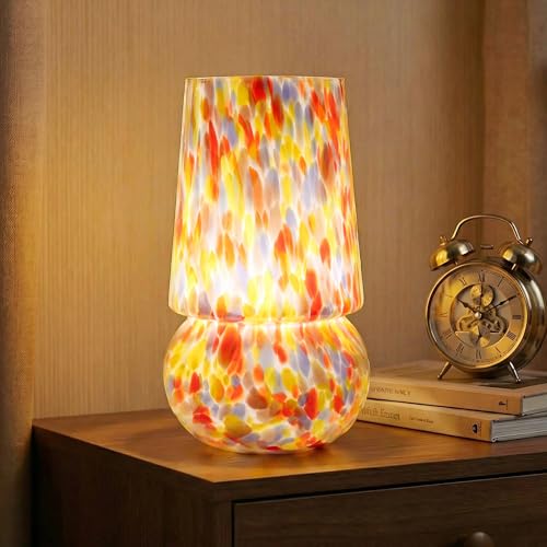9.8 Inch Mushroom Table Lamp, UL Listed Dimmable Small Desk Bedside Lamp with Woven Beige Cord, Handcrafted Pattern, Murano Home Decor for Bedroom, Living Room, Pastel Confetti, No Bulb Included - color: Pastel Confetti