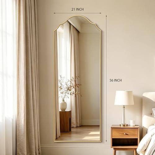 Besdomus Scalloped Full Length Mirror: 21"x56" Gold Arched Floor Mirror - Minimalist Modern Wooden Frame Body Long for Wall/Bedroom/Cloakroom/Entryway/Living Room - Home Decor for Housewife - color: Gold Leaf, size: 56"L x 21"W