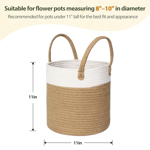Woven Basket for Plant, 11"x11" Planter Basket for 10" Pot, Indoor Boho Artificial Tree Planter, Round 10 inch Flower Pot Cover, Rattan Holder with Handle for Plants, Jute Spliced Cotton Rope - color: White and Beige