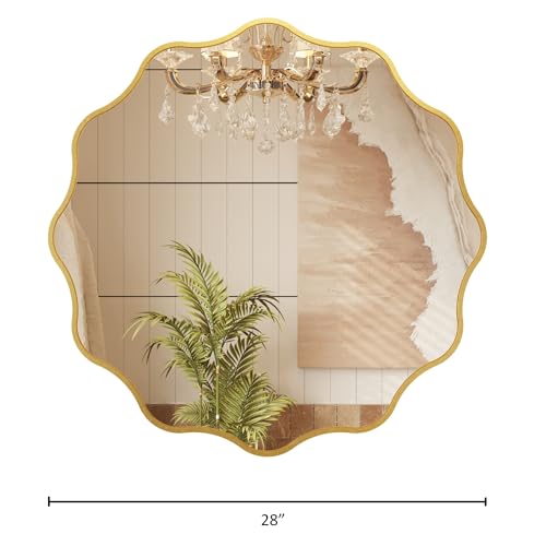 Kelly Miller 28 Inch Gold Round Wavy Mirror, Large Scalloped Edge Decorative Wall Mirror for Bathroom Bedroom Living Room Entryway Vanity Fireplace - size: 28"L x 28"W