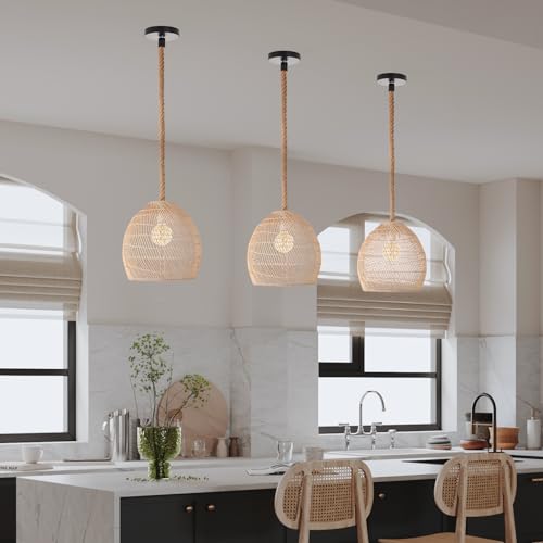 Arturesthome Mini Natural Rattan Pendant Light for Kitchen Island, Woven Lamp Shade Chandelier, Handmade Hanging Ceiling Light Lampshade, Rope Lamp D 9.8inx10.6in - size: 9.8″W x 10.6″H