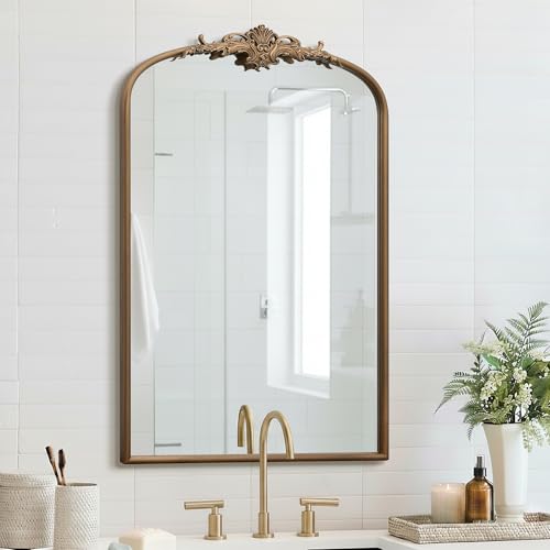 Besdomus Antique Gold Arched Mirror: 24"x36" French Large Brass Vintage Wall Vanity Mirror - Decorative Baroque Traditional Ornate for Entryway/Bathroom/Bedroom - Ideal for Bathroom Renovations - color: Brass Gold, size: 36"L x 24"W