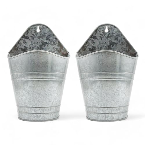 Hosley Set of 2 Galvanized Wall Planters, 10 Inch Hanging Metal Buckets for Indoor Outdoor Garden, Farmhouse Wall Decor, Rustic Patio & Balcony Planter Pots - color: Galvanized