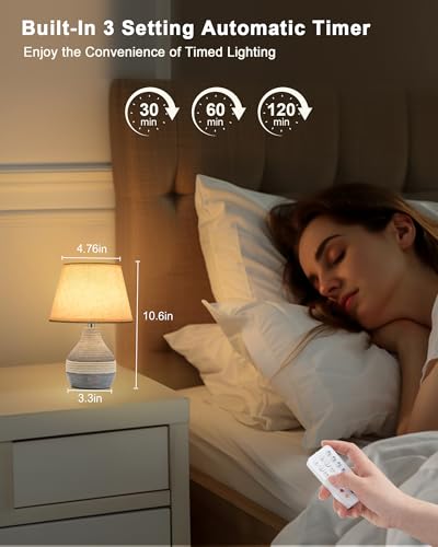 UMEXUS 10” Small Ceramic Cordless Table Lamp with Timer, Dimmer, Linen Shade, Remote Control, Rechargeable Battery Light for Patio Nightstand Kitchen Counter Living Room Side Table, Bulb Included - size: 10"H Mini - Rope accent design
