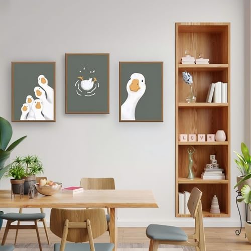 3pcs Framed Funny Goose Wall Art, Dark Green Animal Poster Adorable Goose Family Canvas - Ready To Hang - Modern Minimalist Picture For Living Room, Nursery, Bedroom Decor 12x16in - color: Funny Silly Goose, size: 12x16in