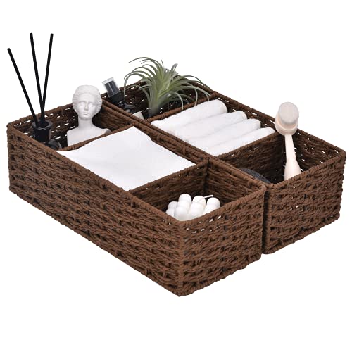 StorageWorks 3-Section Wicker Baskets for Shelves, Hand-Woven Round Paper Rope Storage Baskets, Walnut, 2-Pack - color: Walnut, size: 14¼"l x 6"w x 4¼"h
