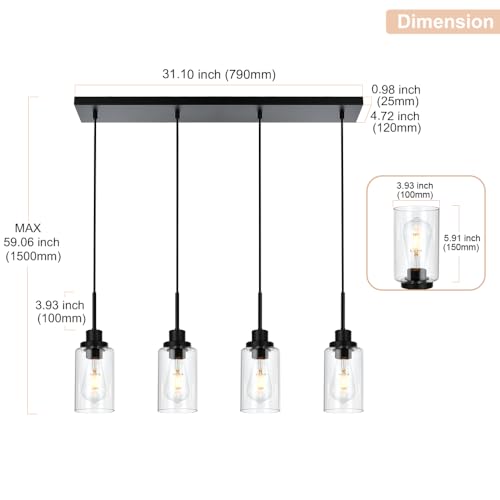 Black Pendant Light Fixtures with Clear Glass, 4-Lights Adjustable Height Hanging Ceiling Lights, Kitchen Island Lighting for Living Room Office Bar Farmhouse - color: Black, size: 4-Light