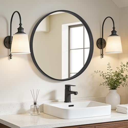 WallBeyond Black Round Wood Mirror 24 inch Circle Wall Mirror for Bathroom Round Wall Mirror for Wall Decor, Vanity, Entryway Living Room - color: Black, size: 24"L x 24"W
