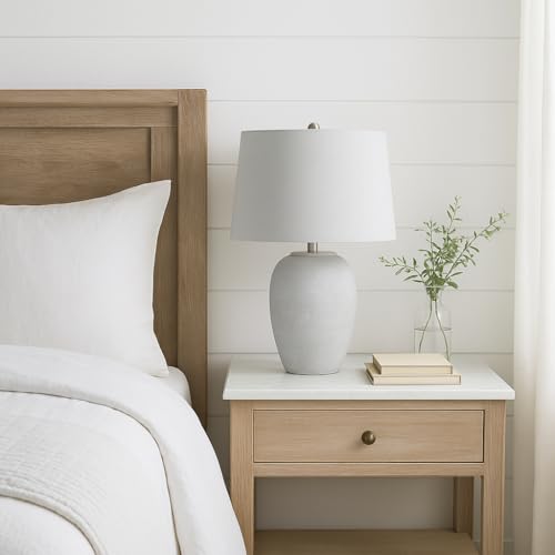 Nourison Home 23" Vintage Gray Ceramic Table Lamp with Light Gray Linen Shade, Traditional Bedside Accent Lamp, Nightstand Lamp for Bedroom, Living Room - color: Vintage Grey, size: 1 Lamp - Drum Shade