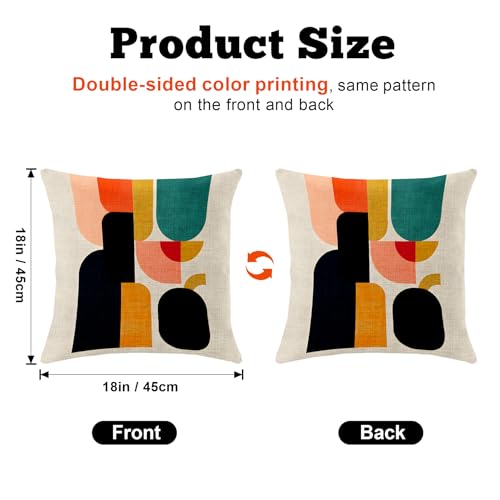 BVBOX Set of 4 Linen Throw Pillow Covers 18"x18", Soft Flax Mid-Century Modern Abstract Decorative Pillow Cases, Double-Sided Retro Geometric Pillow Covers for Bed, Sofa, Couch, Living Room, Bedroom - color: Colorful Geometry