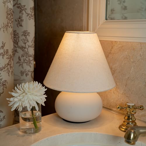 11" Small Table Lamp – Handmade Round Ceramic Cream Base with Off-White Fabric Shade, Dimmable Plug-in Nightstand or Accent Light – Organic Boho Japandi Decor for Bedroom or Small Spaces - color: Soft Linen Fabric Shade