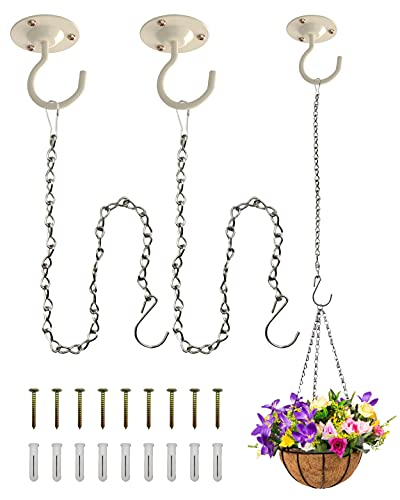 NACETURE Ceiling Hooks for Hanging Plants 3 Pack - Plant Hanger Indoor Hanging Hooks Metal Plant Bracket Iron Lanterns Hangers for Wind Chimes (White 3 Pack + Chain) - color: White 3 Pack + Chain