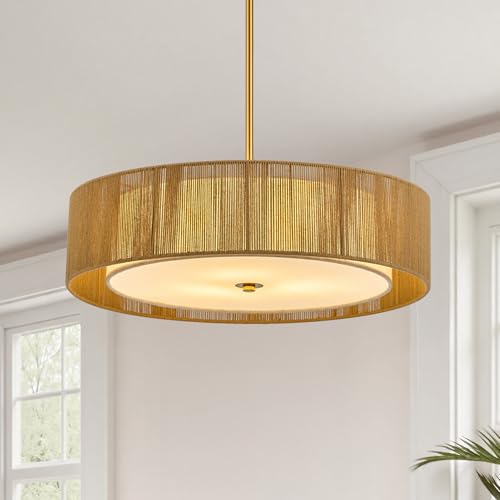 VONLUCE 20" Boho Rattan Chandelier, 4-Light Drum Chandelier with 2-Tier Woven Lampshade, Rattan Ceiling Light for Dining Room Bedroom Living Room with E26 Sockets, Gold Finish, ETL Certified - color: Gold, size: 20inch