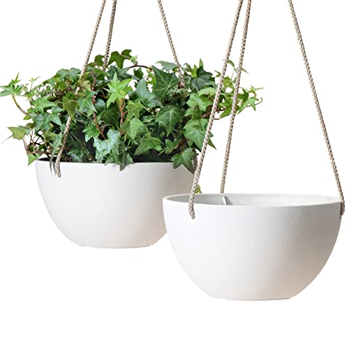 LA JOLIE MUSE White Hanging Planter Basket - 8 Inch Indoor Outdoor Flower Pots, Plant Containers W/Drainage Hole, Plant Pot for Hanging Plants, Pack 2 - color: White, size: 8 Inch